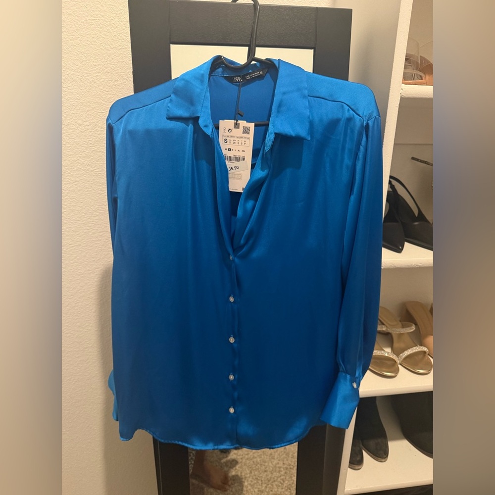 Zara Blue Satin Blouse NEW